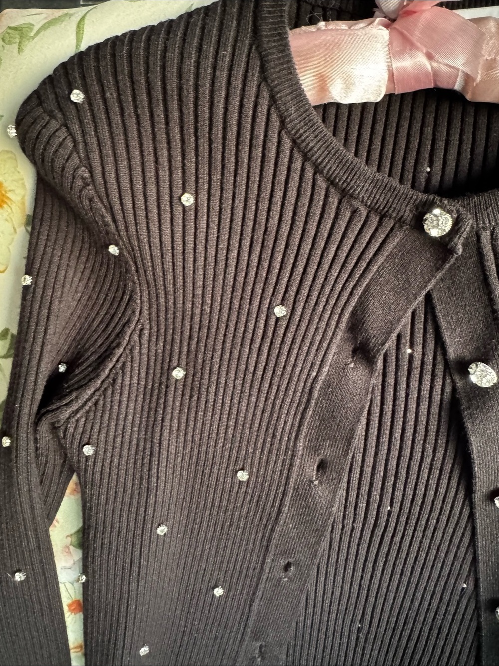 Zara Black Ribbed Cardigan with Rhinestone Studs - Picture 3 of 4